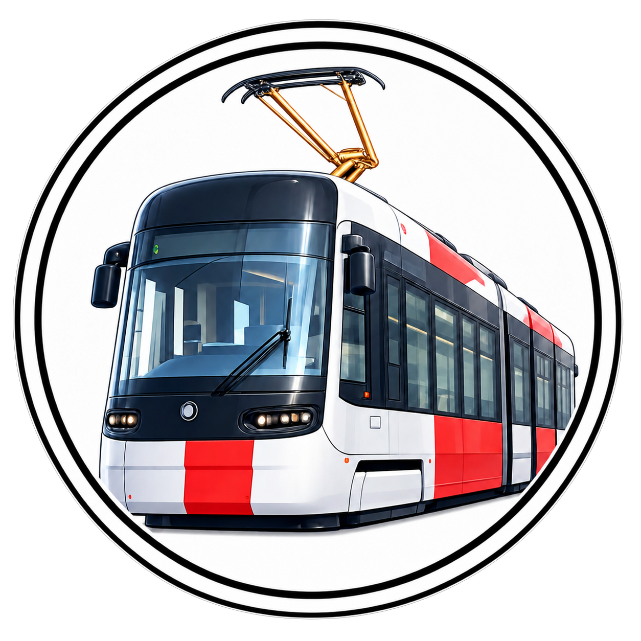 Ilustrovaná červenokrémová tramvaj 52T v kruhovém rámečku