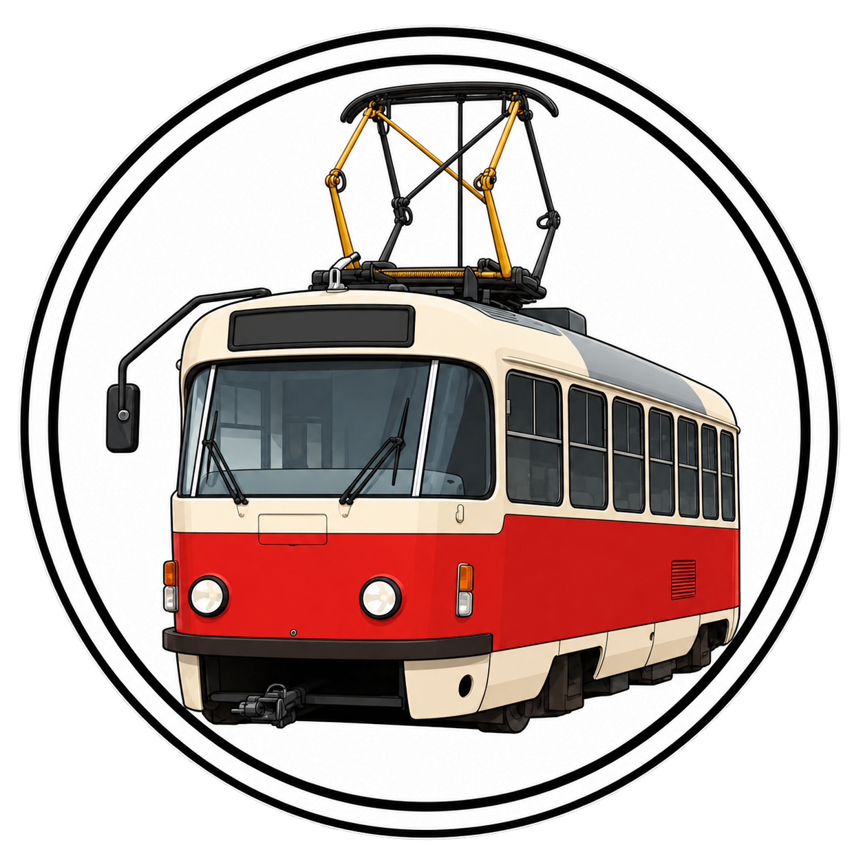 Ilustrovaná červenokrémová tramvaj T3R.P v kruhovém rámečku