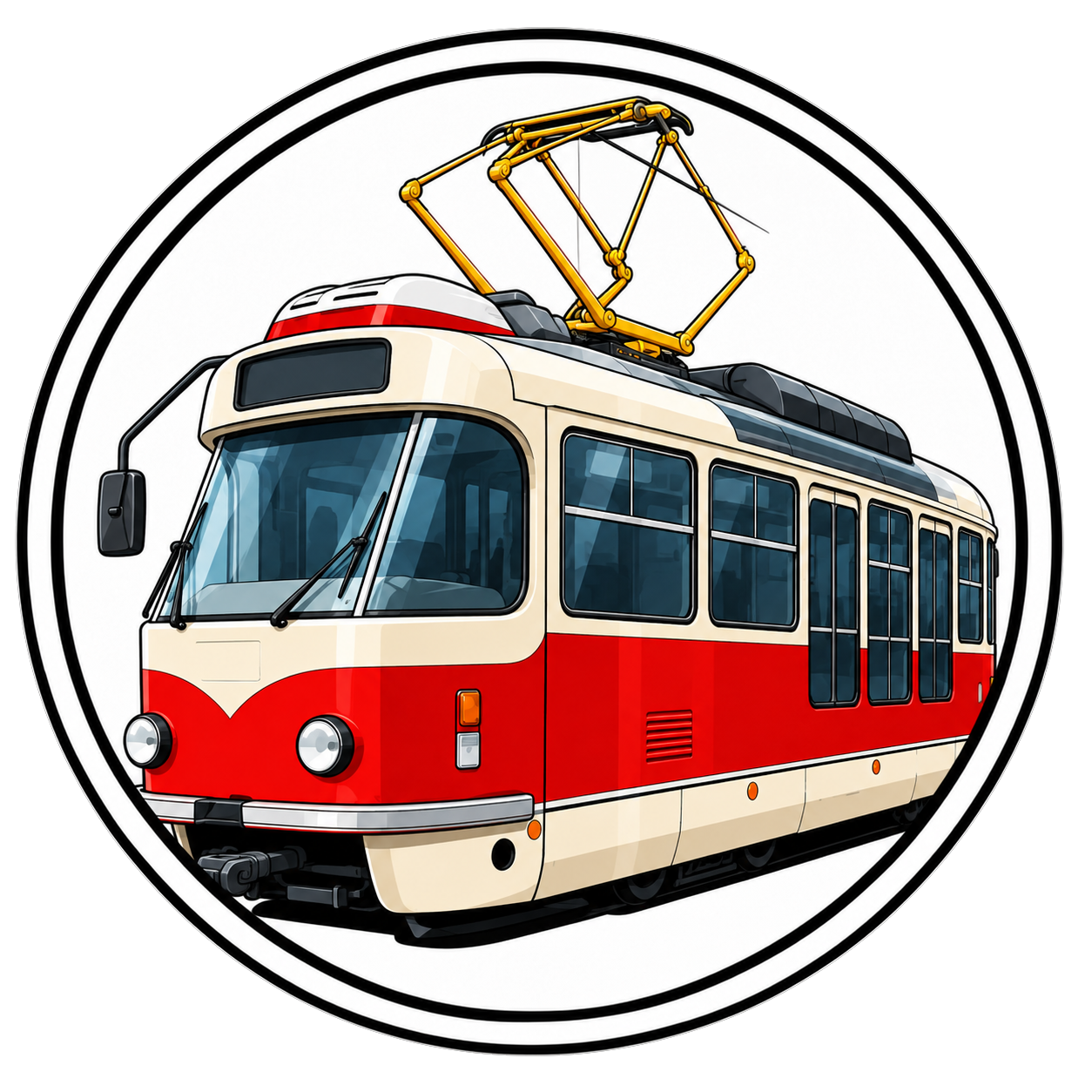 Ilustrovaná červenokrémová tramvaj T3R.PLF v kruhovém rámečku