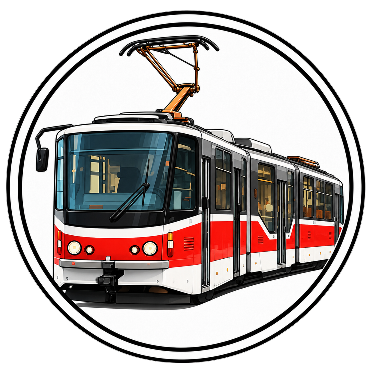 Ilustrovaná červenokrémová tramvaj KT8D5 v kruhovém rámečku