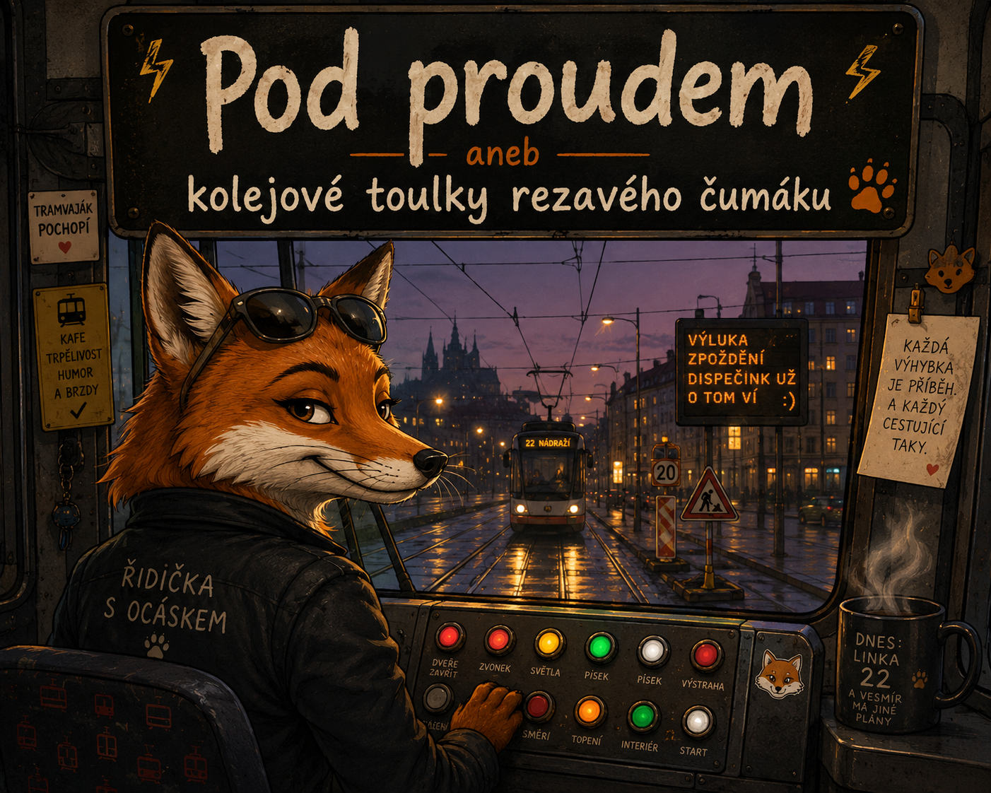 Pod proudem aneb kolejové toulky rezavého čumáku — Rezka v kabině tramvaje s výhledem na večerní Prahu