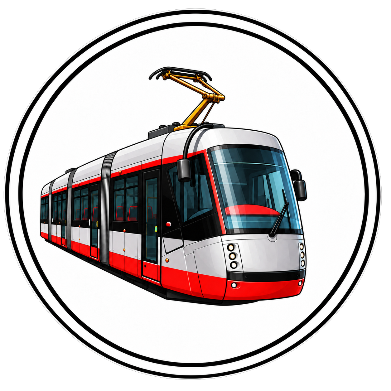 Ilustrovaná červenokrémová tramvaj 14T v kruhovém rámečku