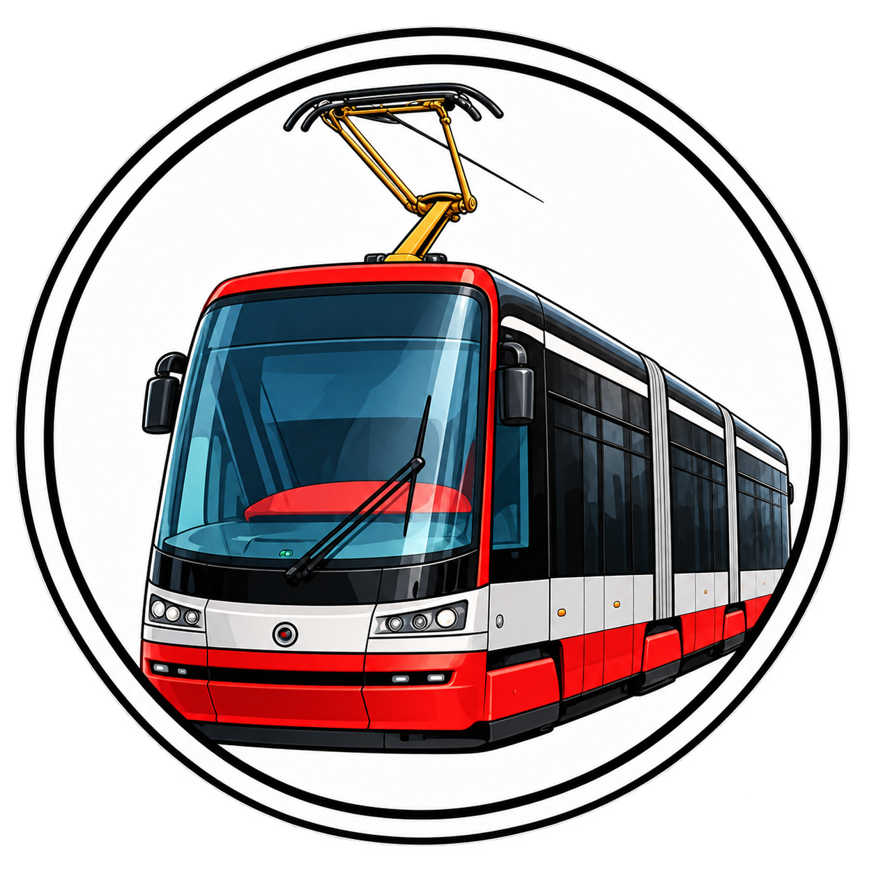 Ilustrovaná červenokrémová tramvaj 15T v kruhovém rámečku