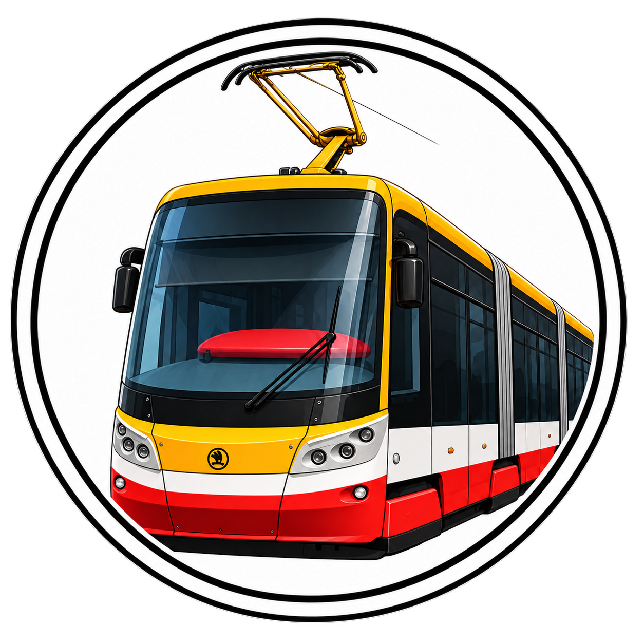 Ilustrovaná červenokrémová tramvaj 15Tf v kruhovém rámečku
